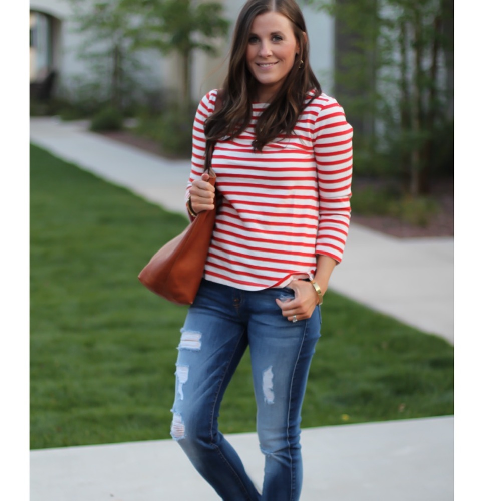 J.Crew Structured Striped Boat Neck Top 3/4 Length Sleeves 100% Cotton Size Sm
